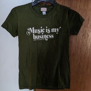 UBIQUITY FOSSIL MUSIC IS MY BUSINESS OLIVE GREEN SHIRT SIZE SMALL